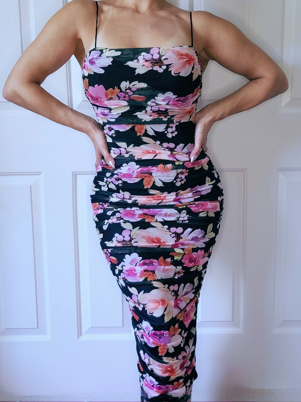 NWT Hello Molly Black Floral Mesh Midi Dress with Pink & Orange Blooms, Size M